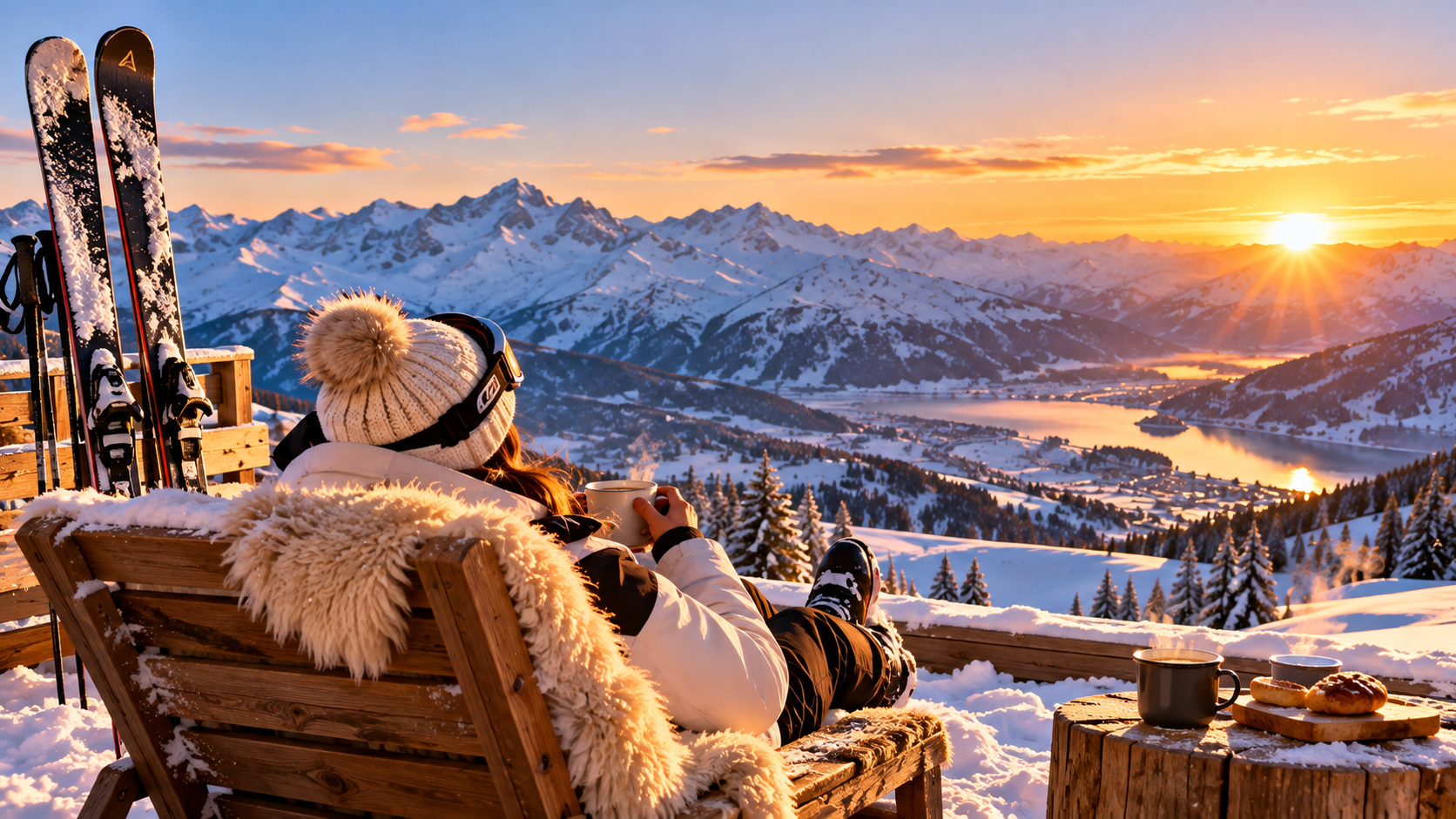 Skieur profitant d’un coucher de soleil sur les montagnes enneigées des Alpes depuis une terrasse de station de ski.