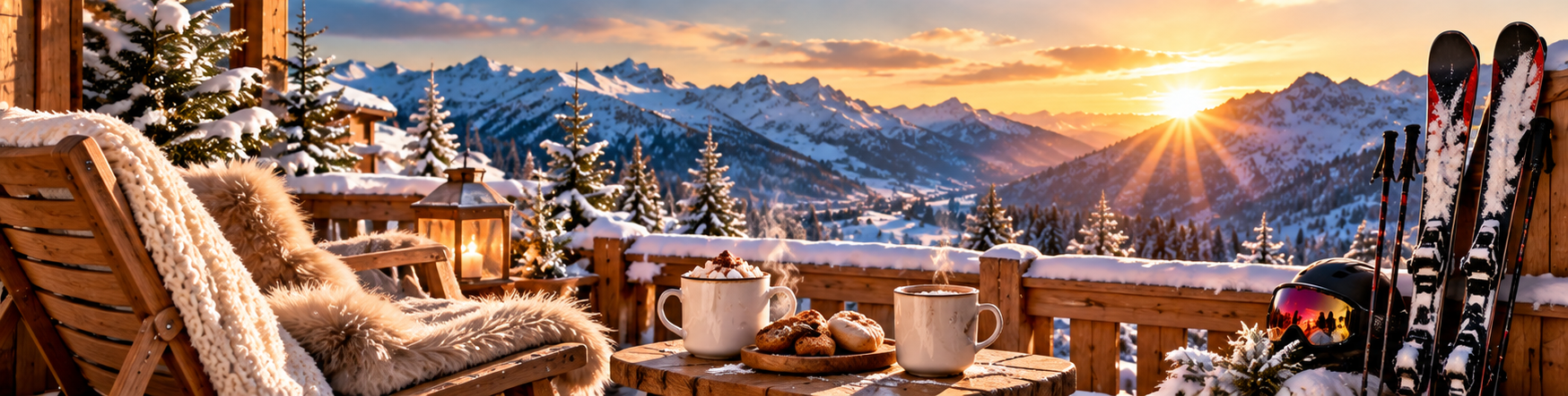 Terrasse de chalet avec skis et vue sur les montagnes au coucher du soleil.