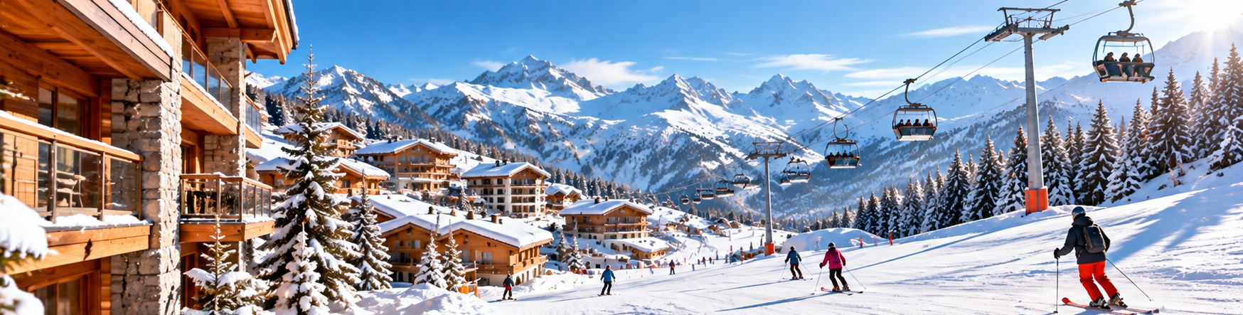 Hébergements au pied des pistes dans une station de ski enneigée.