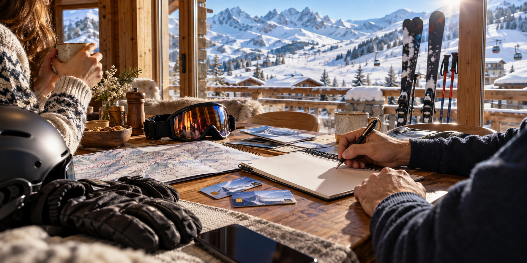 Deux vacanciers préparent leur séjour au ski devant un panorama de montagnes enneigées.