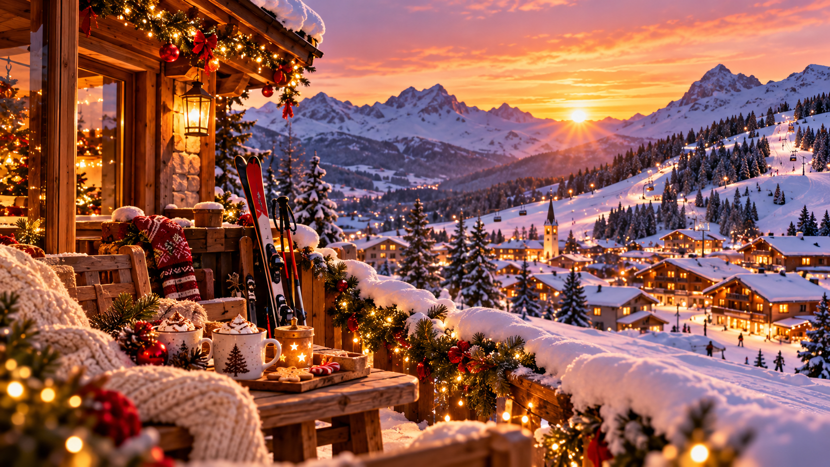 Chalet décoré pour Noël avec terrasse enneigée, chocolats chauds et vue sur une station de ski illuminée au coucher du soleil.