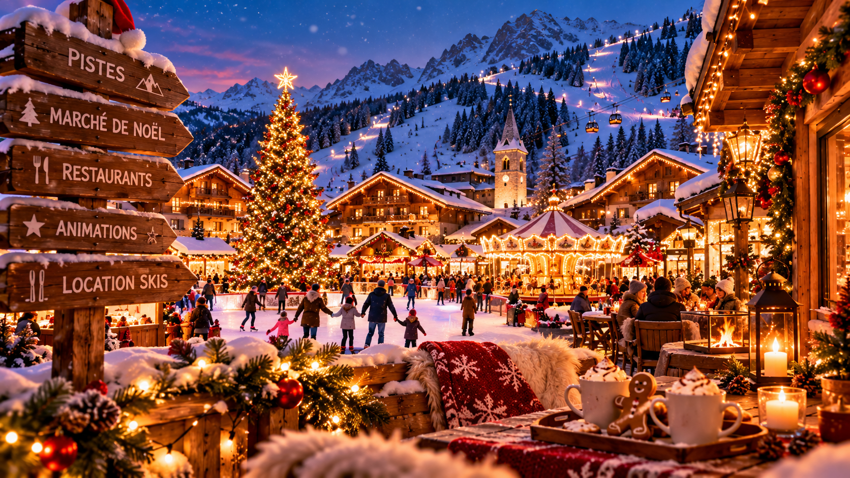 Station de ski enneigée décorée pour Noël avec marché de Noël, sapin illuminé, patinoire et pistes de ski en montagne.