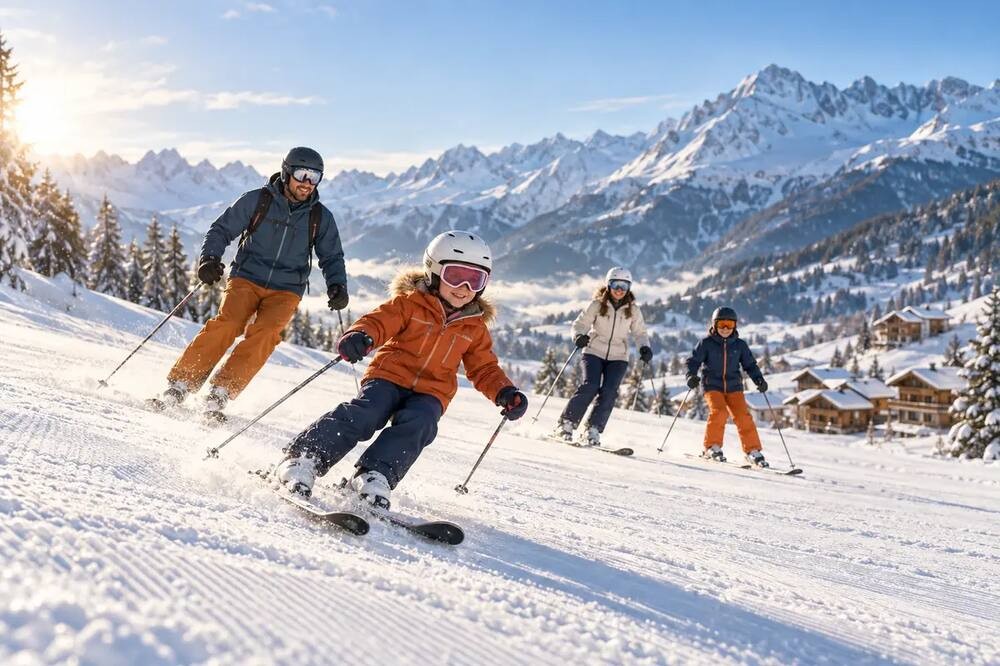 Famille avec deux enfants skiant dans une station de montagne enneigée