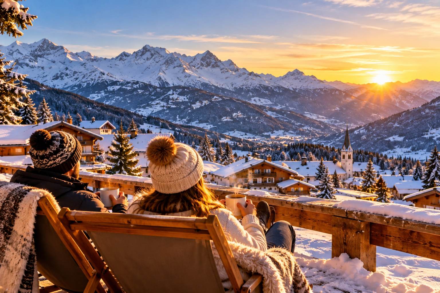 Village alpin enneigé au coucher du soleil, une idée de destination pour profiter des stations de ski les moins chères des Alpes.