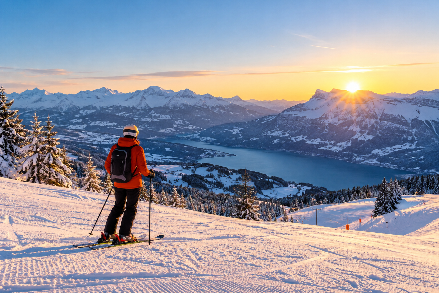 Skieur face aux montagnes enneigées des Alpes au coucher du soleil, une destination idéale pour des vacances au ski pas chères.
